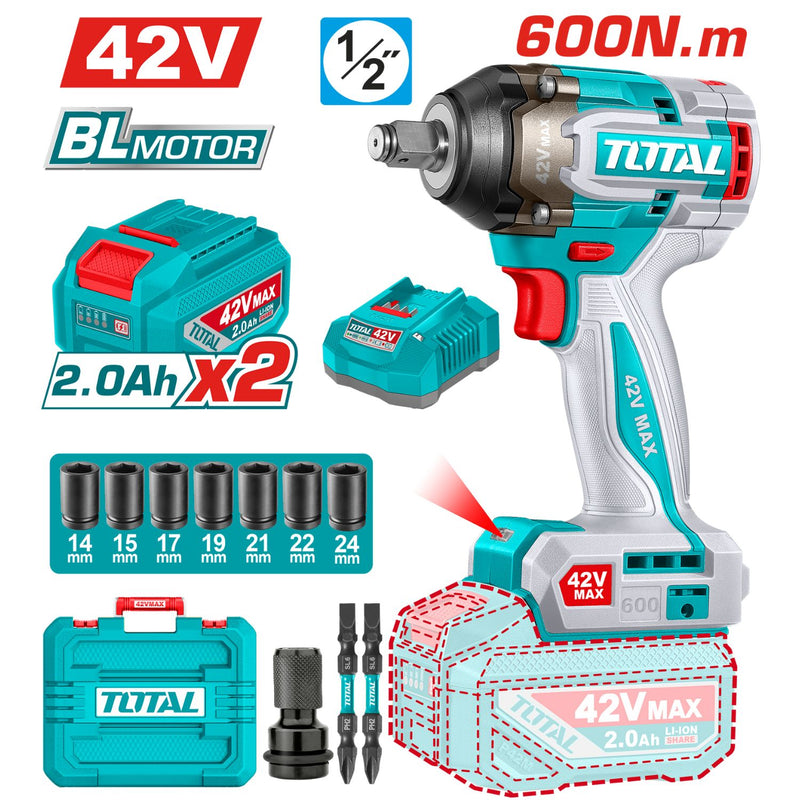 Llave Impacto Dado Cuadrado 42V 1/2" Motor Sin Escobillas. 600Nm Incluye 2 Baterías Y Cargador. Super Total UTIWLI42602